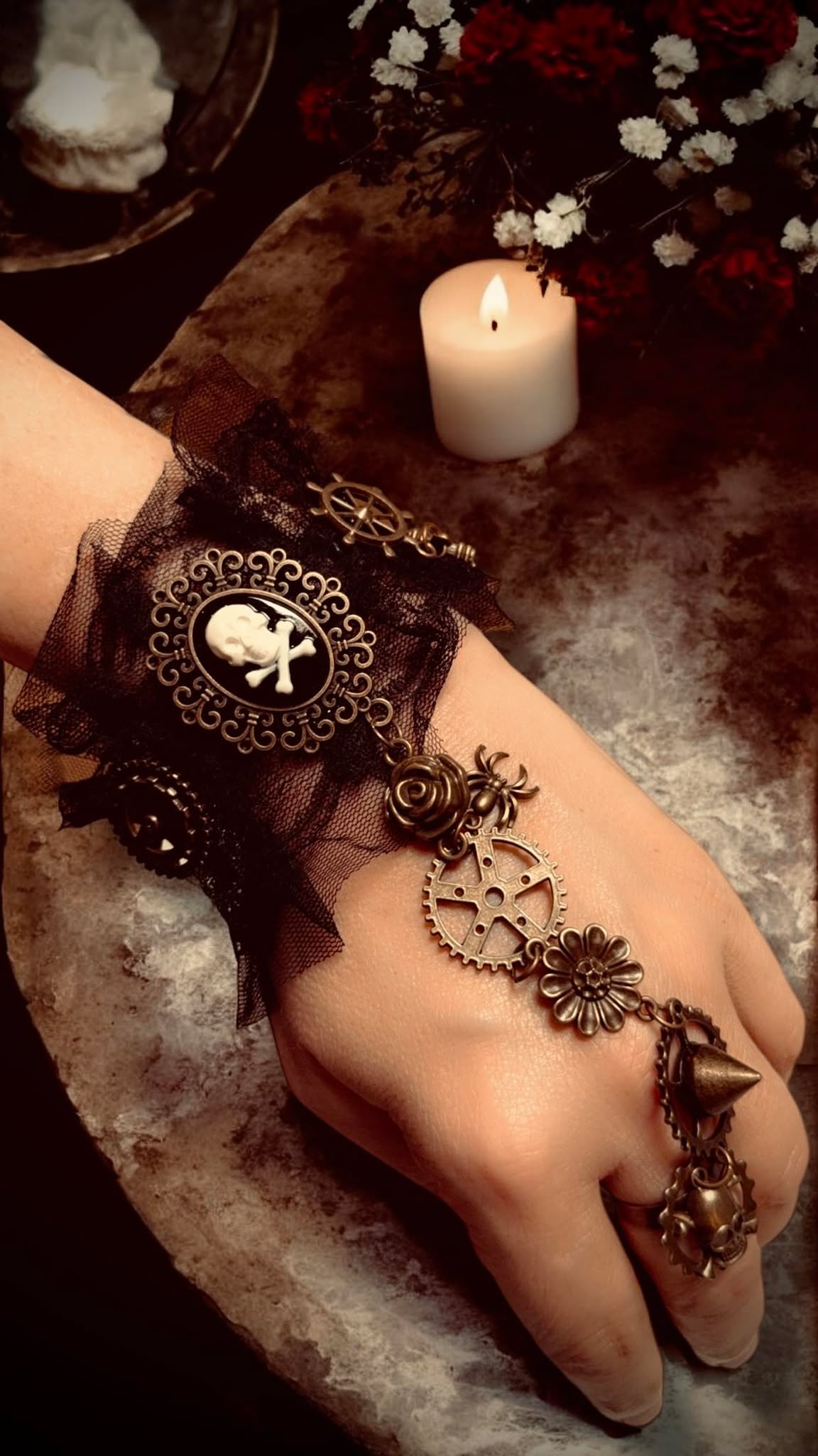 Black Steam Punk Skull Gears Spike Ring Adjustable Bracelet Gift Idea Oddity Jewelry Gothic Halloween Costume Woman Fantasy Vampire Dress Up