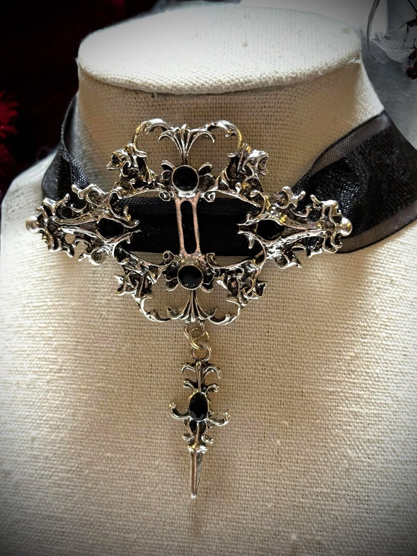 Gothic Black or Red Jeweled Velvet Dagger Choker Necklace Gift Idea Oddity Jewelry Gothic Costume  Fantasy Vampire Dress Up Steam Punk #501