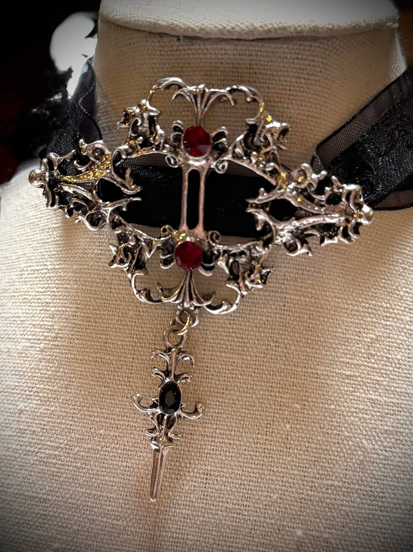 Gothic Black or Red Jeweled Velvet Dagger Choker Necklace Gift Idea Oddity Jewelry Gothic Costume  Fantasy Vampire Dress Up Steam Punk #501