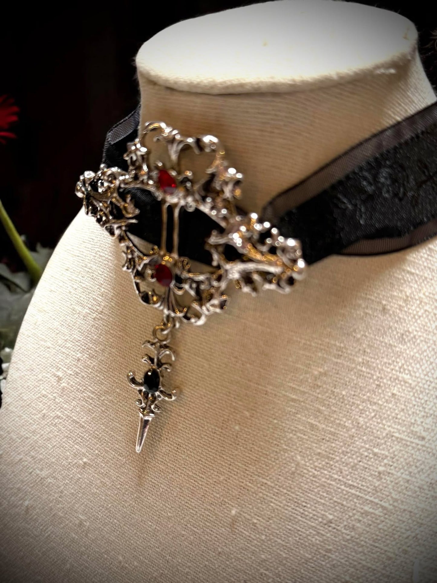 Gothic Black or Red Jeweled Velvet Dagger Choker Necklace Gift Idea Oddity Jewelry Gothic Costume  Fantasy Vampire Dress Up Steam Punk #501