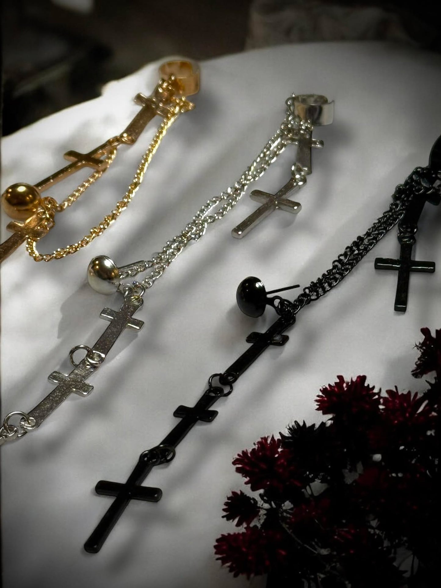 Silver, Black or Gold Gothic Crosses Earring with Dangling Chain Clip Cuff Punk Rock Steam Punk Religious Oddities Oddity Cosplay Vampire