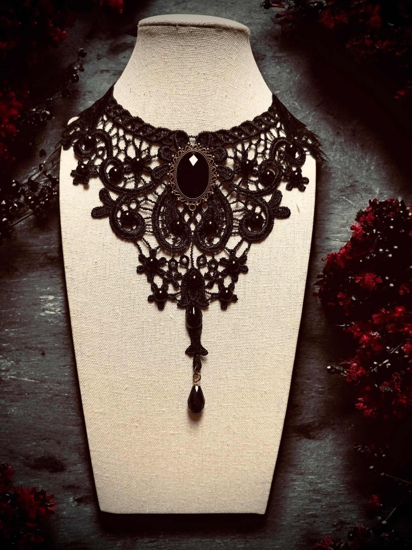 Gothic Lace Beaded Jeweled Choker Necklace Black Gift Idea Oddity Jewelry Gothic Halloween Costume Woman Fantasy Vampire Dress Up Punk #517