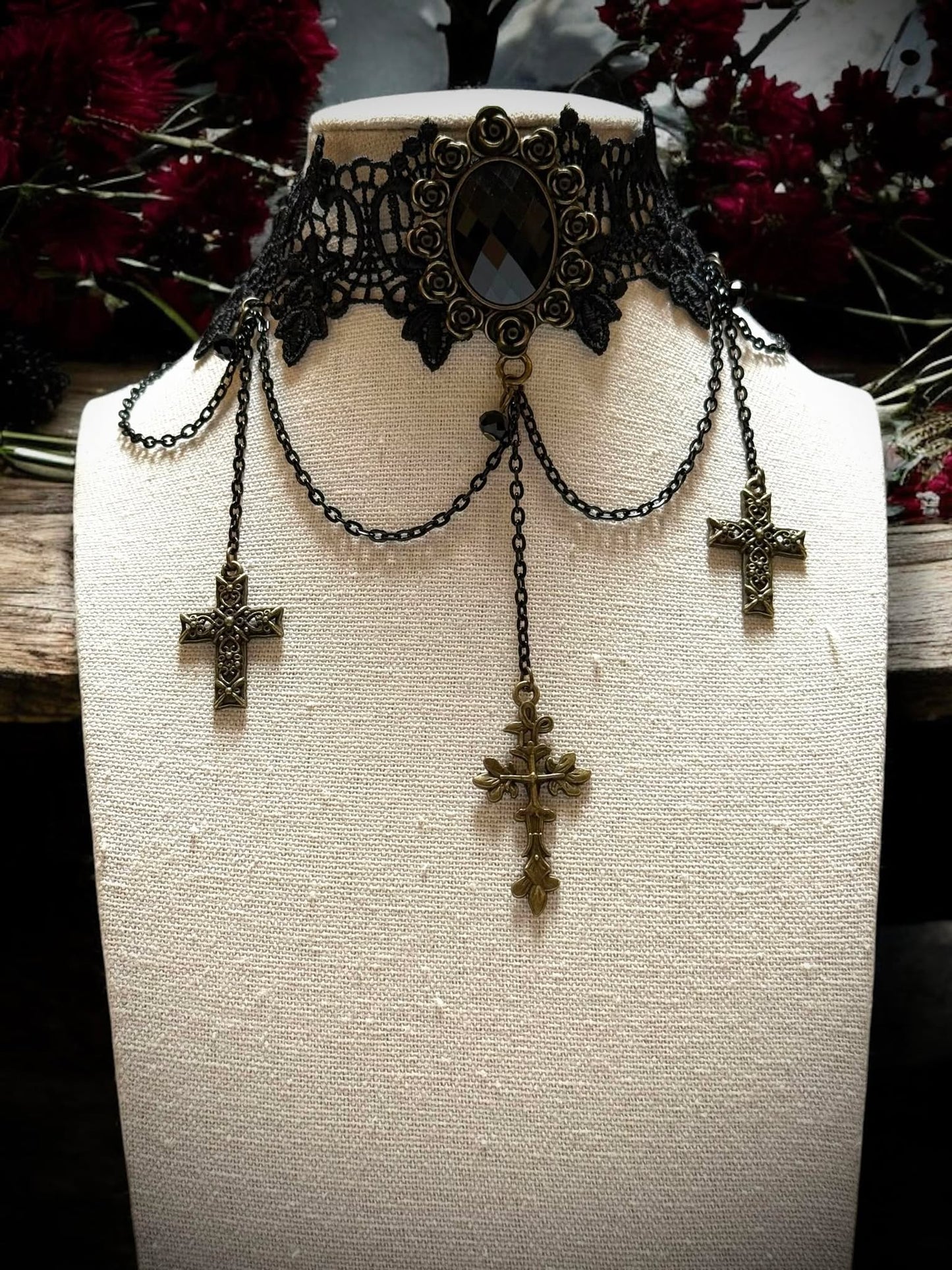 Gothic Retro Crosses Rhinestone Lace Choker Necklace Black Gift Idea Oddity Jewelry Gothic Costume Woman Fantasy Vampire Dress Up Punk #232