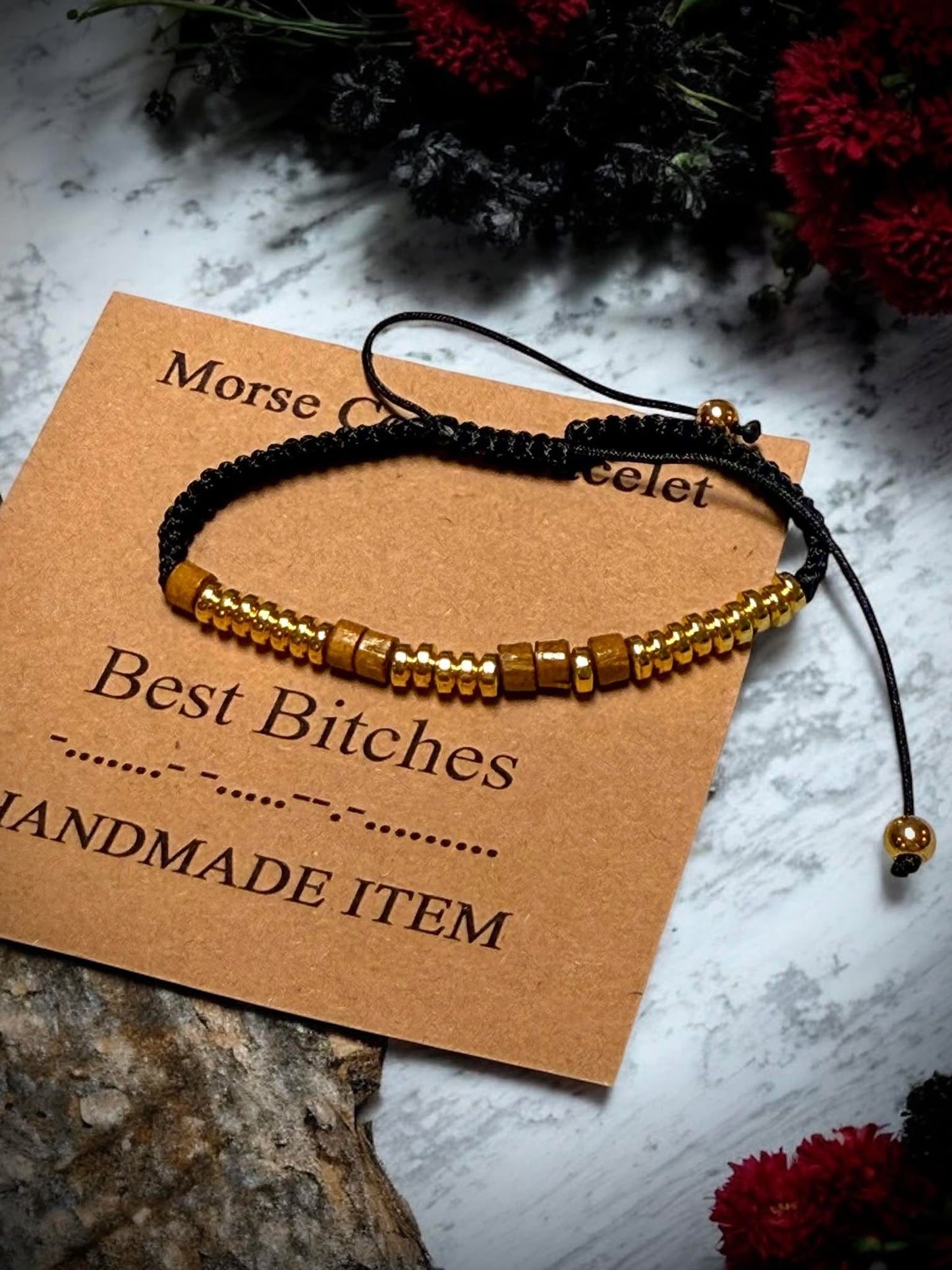 Pair of Best B*tches Handmade Wooden Beaded Morse Code Bracelets Adjustable Bracelet Gift Idea Oddity Jewelry Best Friends Long Distant #545