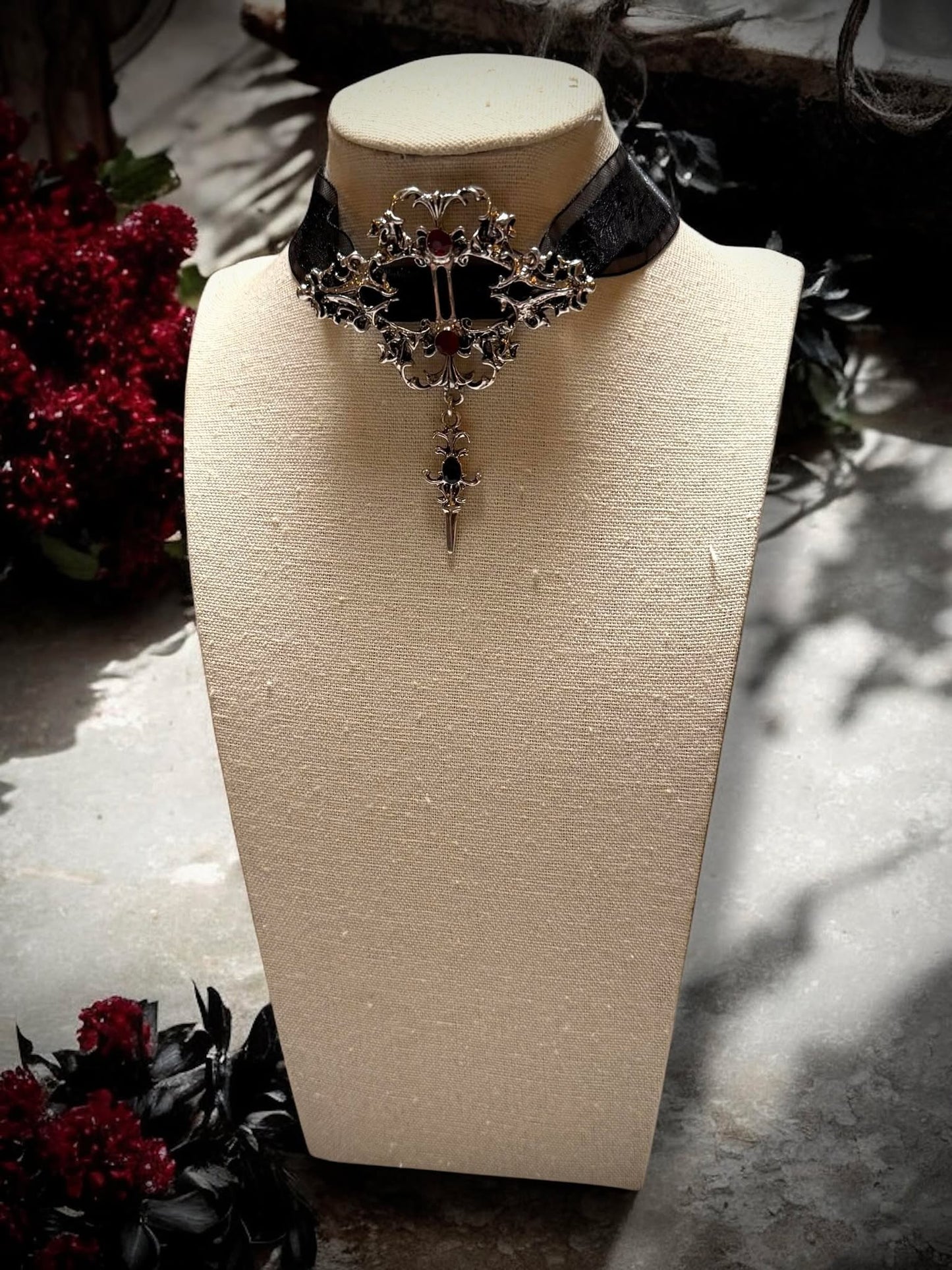 Gothic Black or Red Jeweled Velvet Dagger Choker Necklace Gift Idea Oddity Jewelry Gothic Costume  Fantasy Vampire Dress Up Steam Punk #501