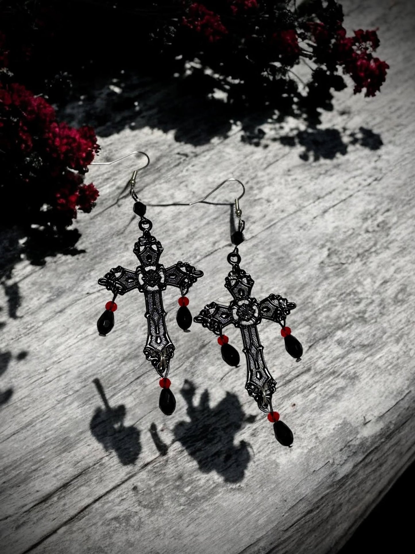 Gothic Black Cross Red Jeweled Earrings Dangle Earrings, Punk Rock, Witchy Halloween Gift Idea Oddity Jewelry Cosplay Dress Up #619