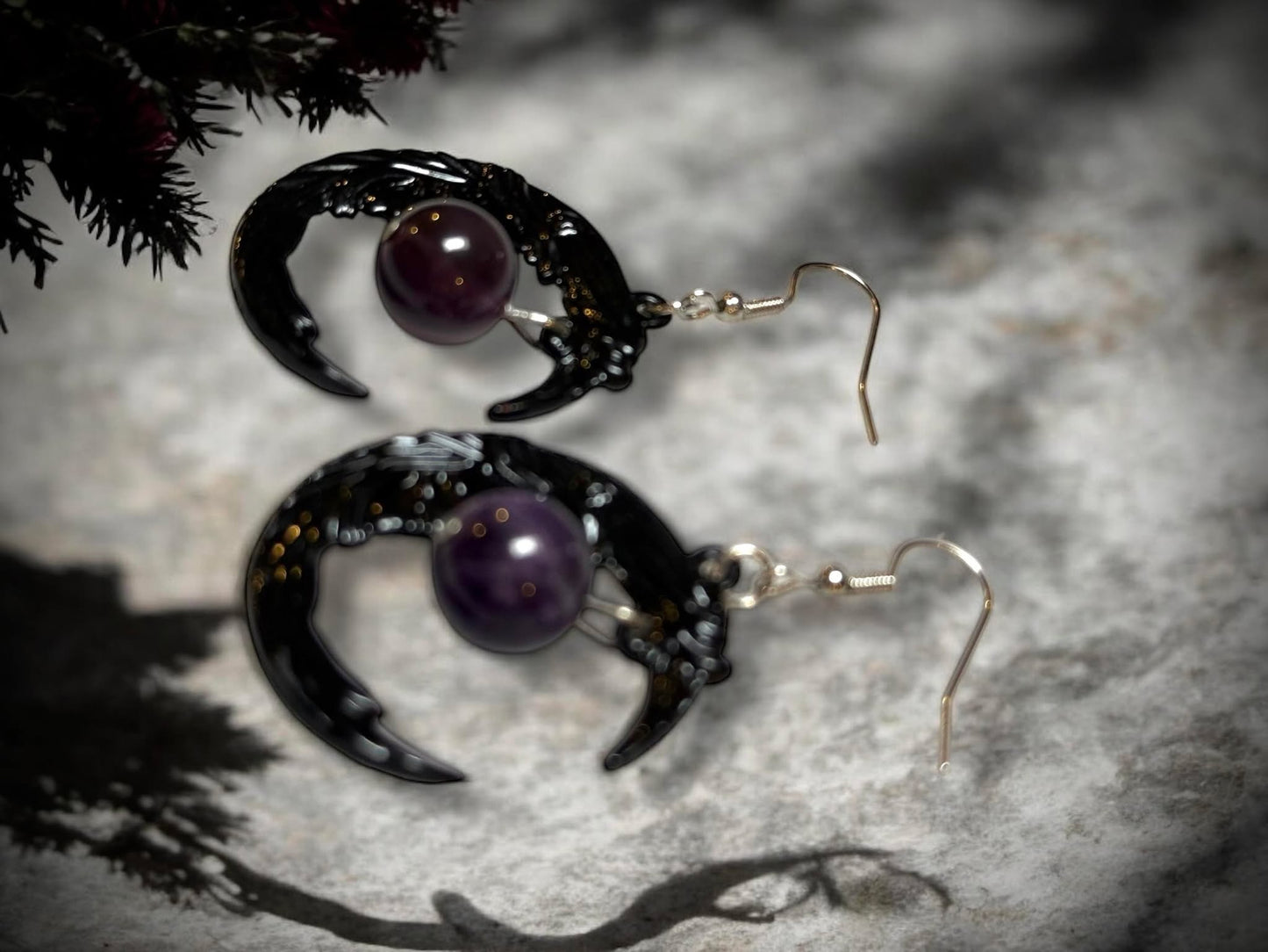 Gothic Black Crescent Purple Jewel Dangle Earrings, Punk Rock, Witchy Halloween Gift Idea Oddity Jewelry Cosplay Dress Up Metaphysical