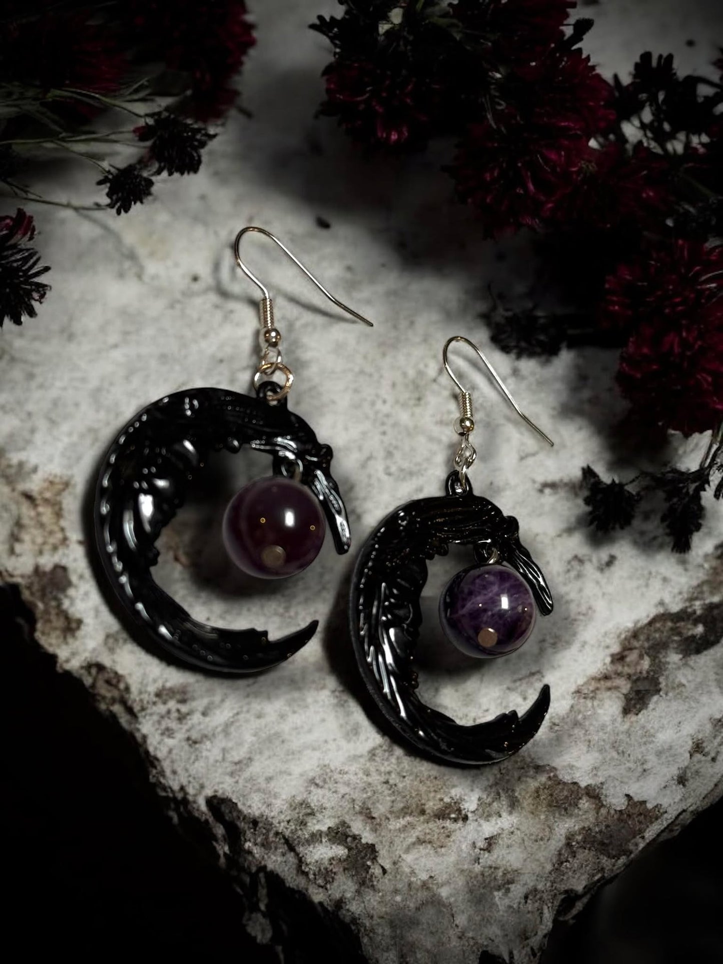 Gothic Black Crescent Purple Jewel Dangle Earrings, Punk Rock, Witchy Halloween Gift Idea Oddity Jewelry Cosplay Dress Up Metaphysical