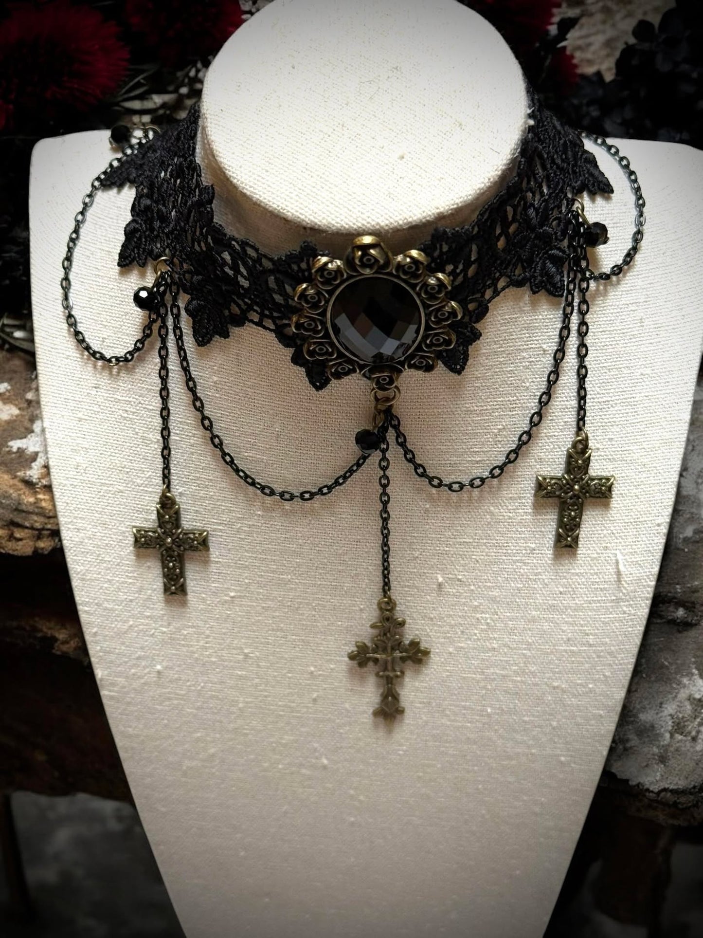 Gothic Retro Crosses Rhinestone Lace Choker Necklace Black Gift Idea Oddity Jewelry Gothic Costume Woman Fantasy Vampire Dress Up Punk #232