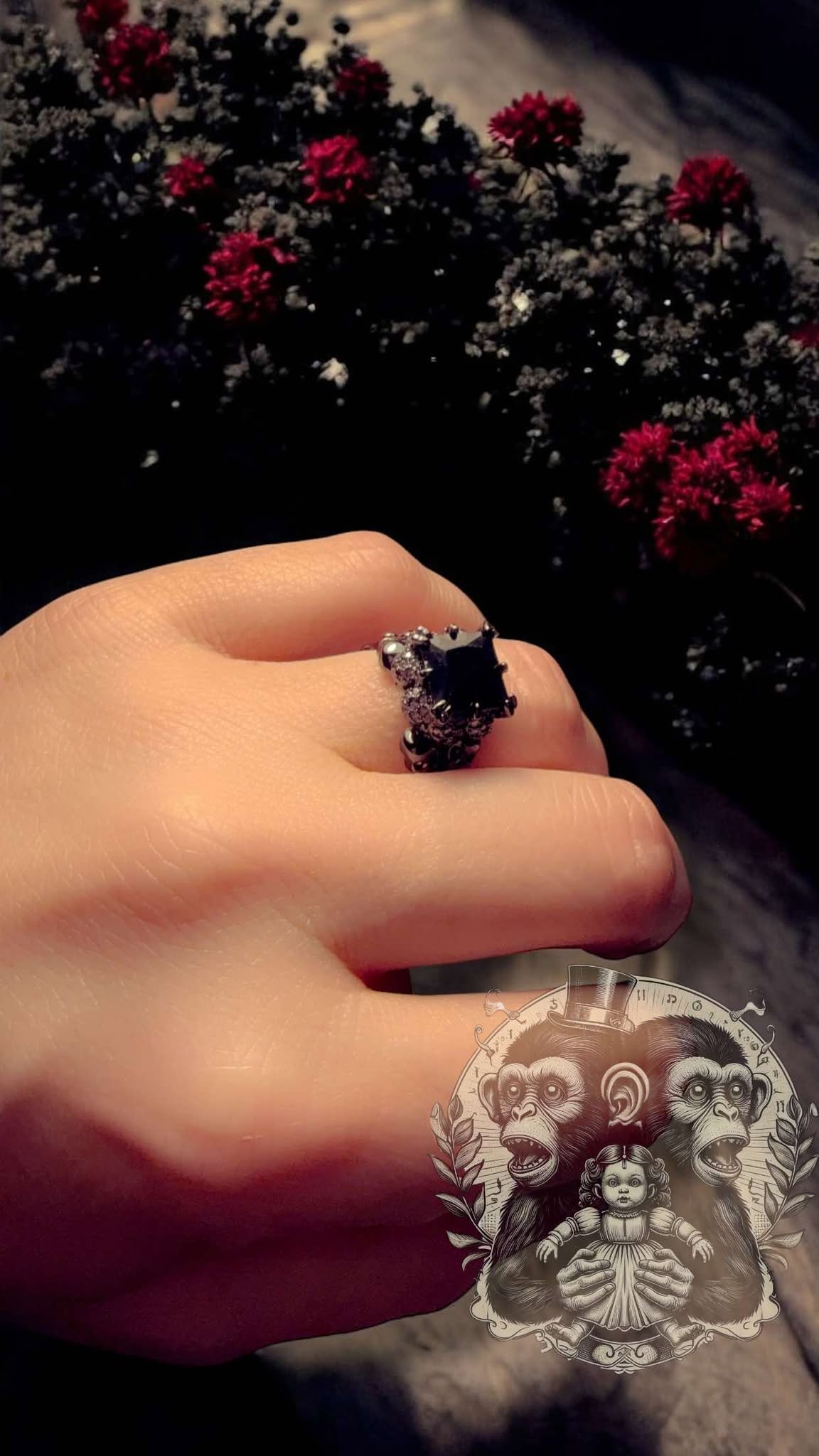 Black Square Zircon Gem with Purple Rhinestones Skulls Ring Punk Rock Gothic Gift Idea Oddity Jewelry Wiccan Witchy Cosplay Dressup