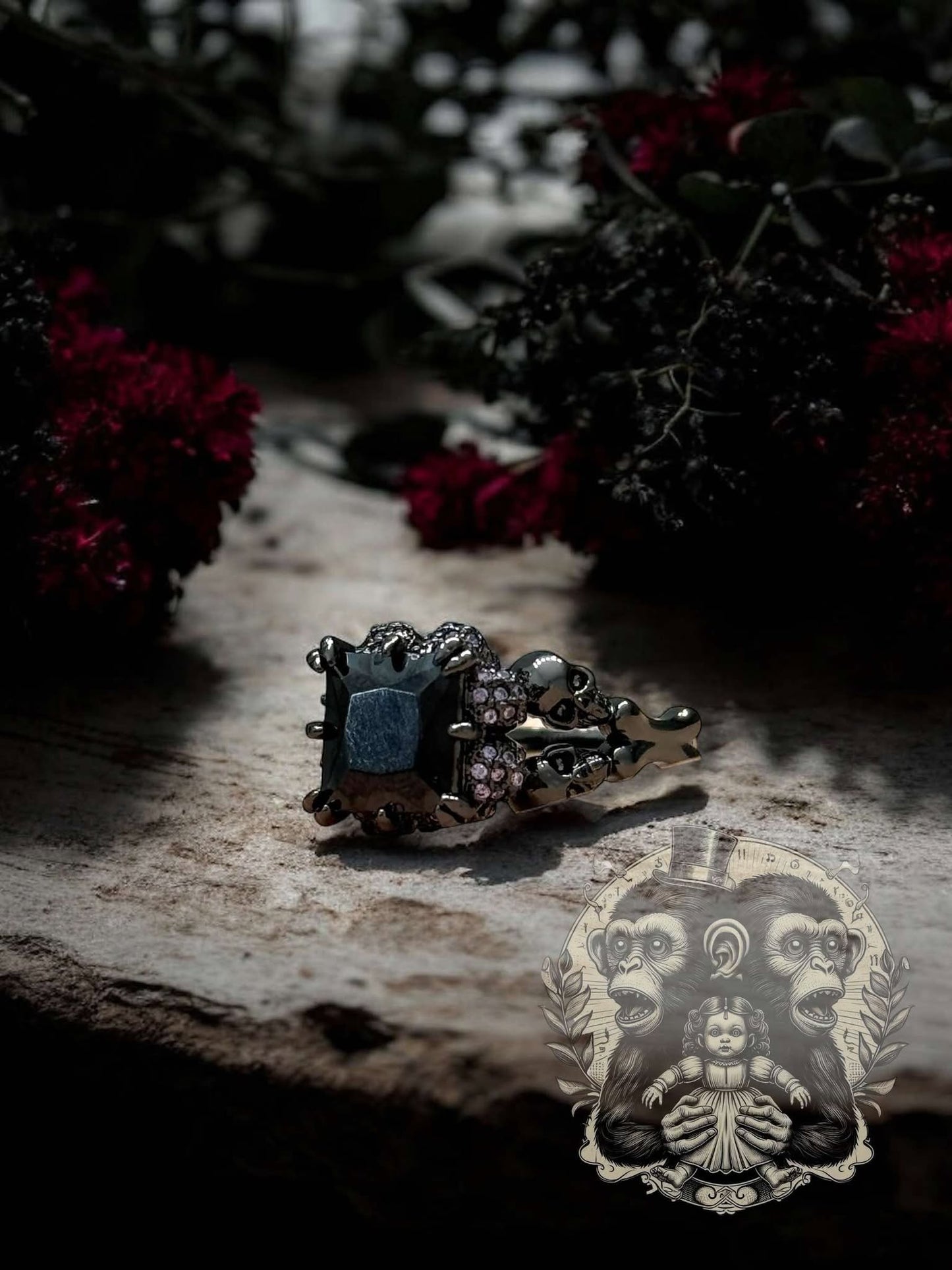 Black Square Zircon Gem with Purple Rhinestones Skulls Ring Punk Rock Gothic Gift Idea Oddity Jewelry Wiccan Witchy Cosplay Dressup