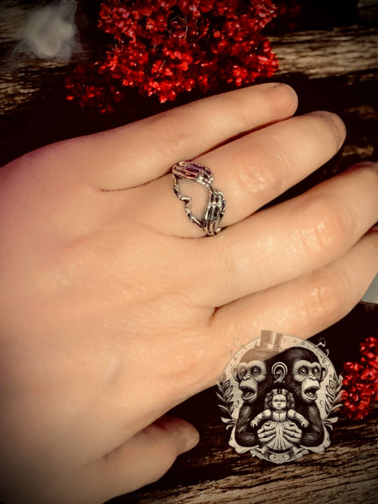Skellington Hand Heart Ring Adjustable Punk Rock Gift Idea Jewelry Accessory Copper Alloy Oddity Jewelry Cosplay Oddities Wiccan Lovers