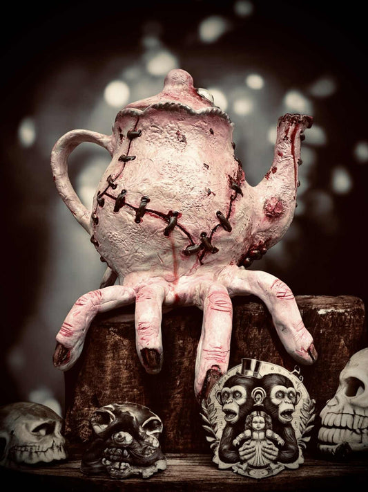 Spooky Clay Art Teapot Gothic Creepy One-of-a-Kind Hand Made Witchy Haunted Halloween Oddity Gift Idea Skin Covered Flowerpot Decor Horror