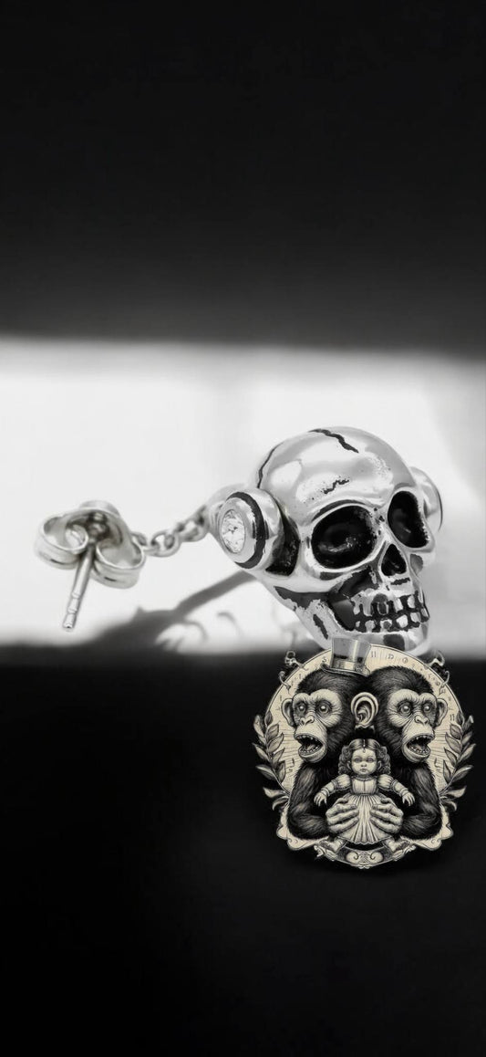 Skull with Headphone Pendant Earrings, Punk Rock, Witchy Halloween Gift Idea Oddity Jewelry Cosplay Dress Up Long Hanging